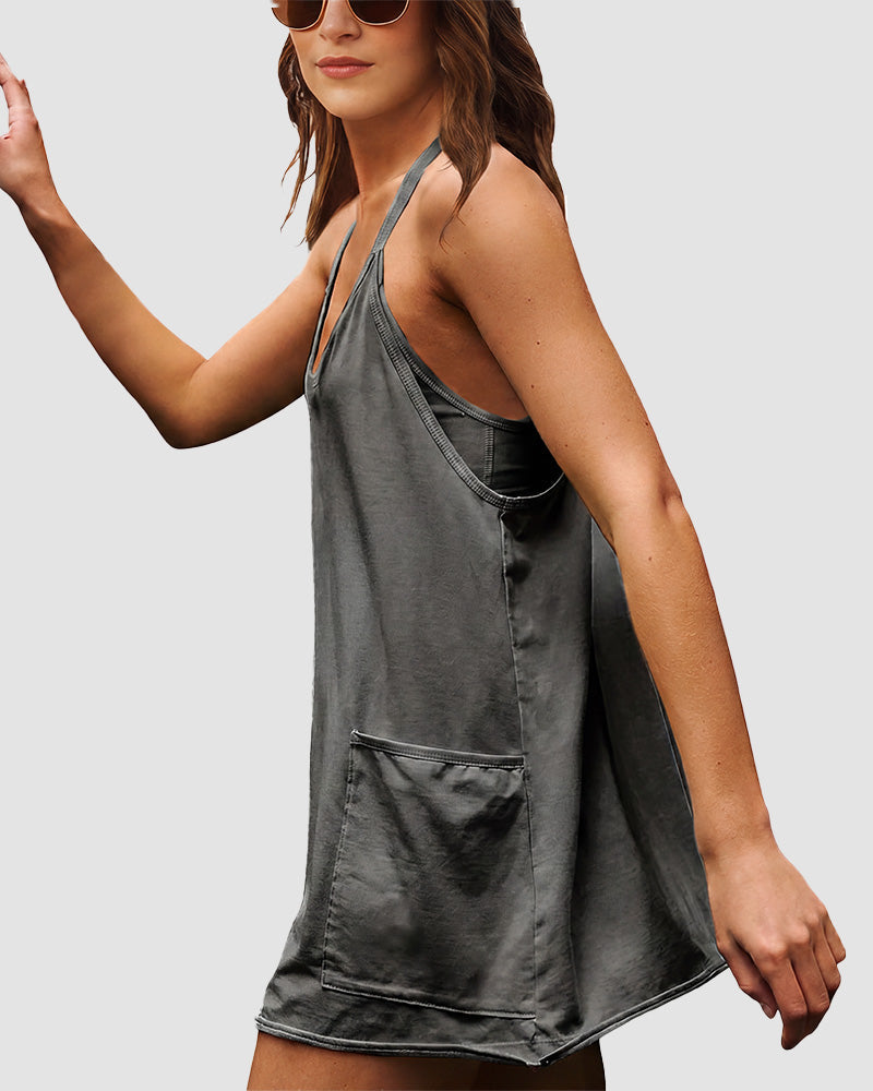 Adjustable Strap Active Mini Dress with Built-In Shorts & Pockets