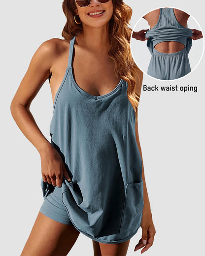 Adjustable Strap Active Mini Dress with Built-In Shorts & Pockets