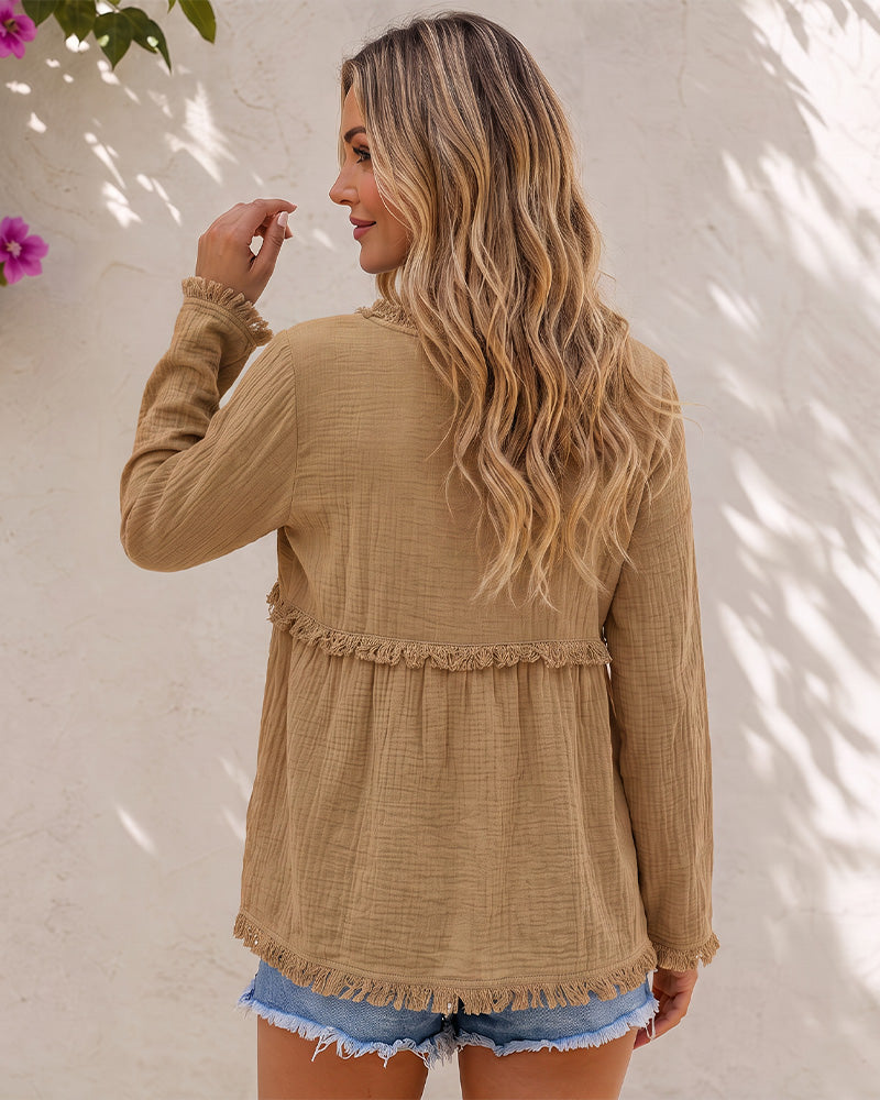 Boho Fringe V-Neck Long-Sleeve Babydoll Blouse