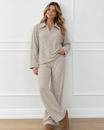 Drop Shoulder Striped Collared Long Sleeve Set