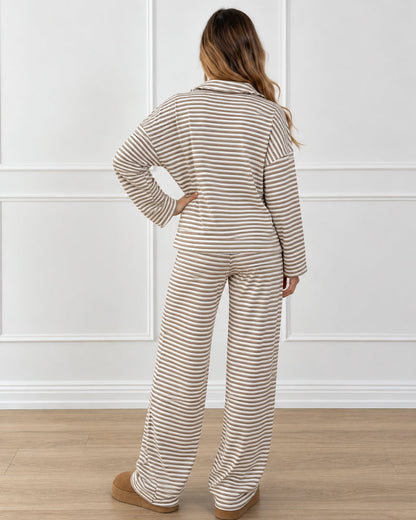 Drop Shoulder Striped Collared Long Sleeve Set