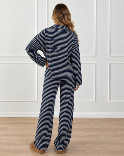 Drop Shoulder Striped Collared Long Sleeve Set