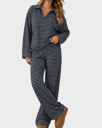 Drop Shoulder Striped Collared Long Sleeve Set