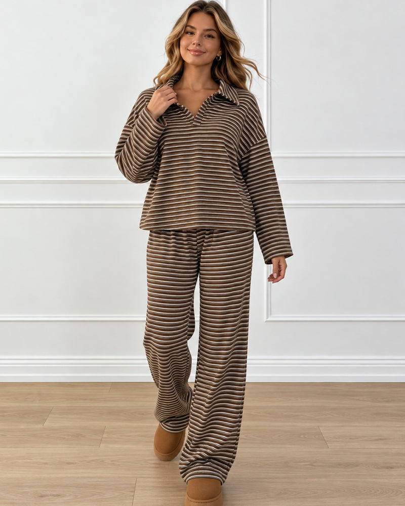 Drop Shoulder Striped Collared Long Sleeve Set