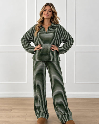 Drop Shoulder Striped Collared Long Sleeve Set