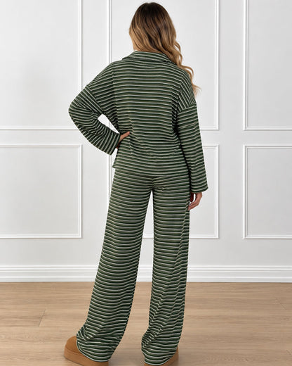 Drop Shoulder Striped Collared Long Sleeve Set