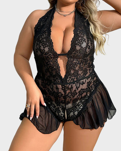 Floral Lace Sheer Crotchless Teddy Bodysuit