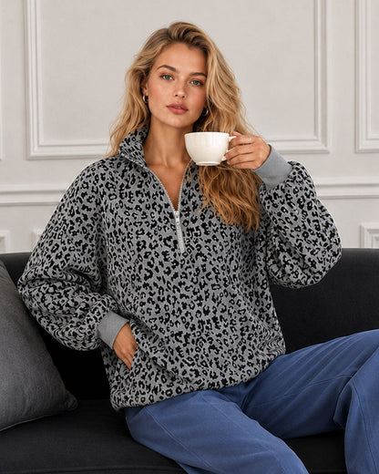 Leopard-Print Half-Zip Oversized Pullover