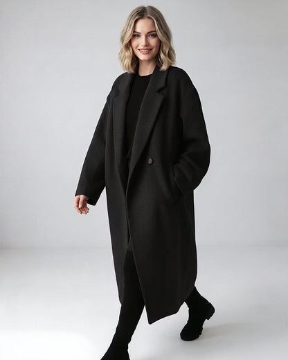 Long Double-Breasted Notched-Lapel Coat
