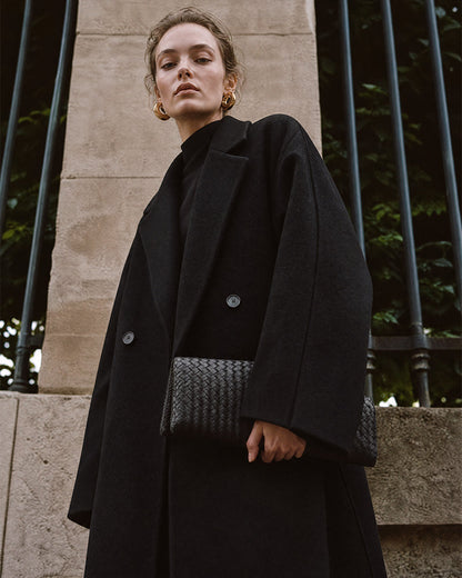 Long Double-Breasted Notched-Lapel Coat