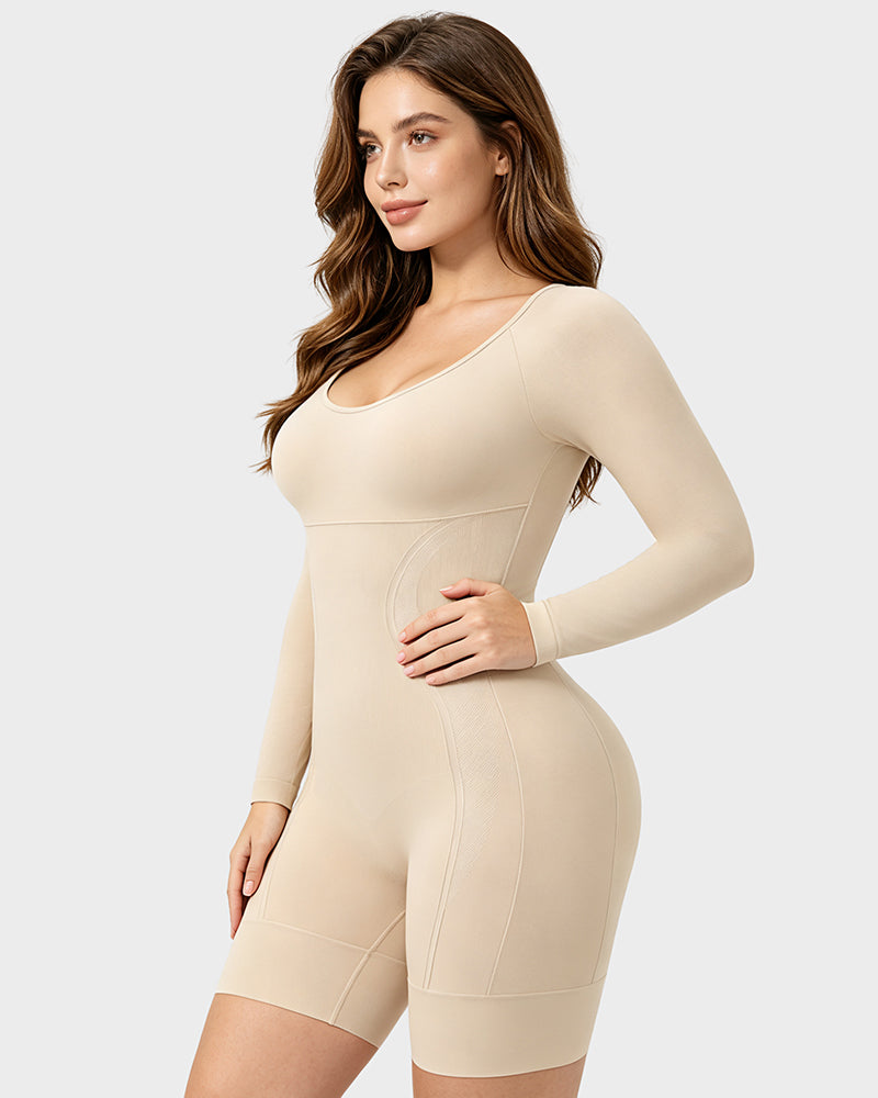Long-Sleeve Seamless Sculpting Short Bodysuit