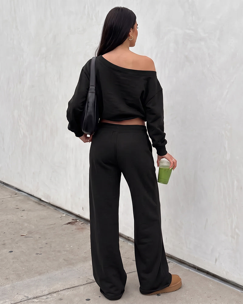 Off-Shoulder Wide-Leg 2-Piece Sweatsuit