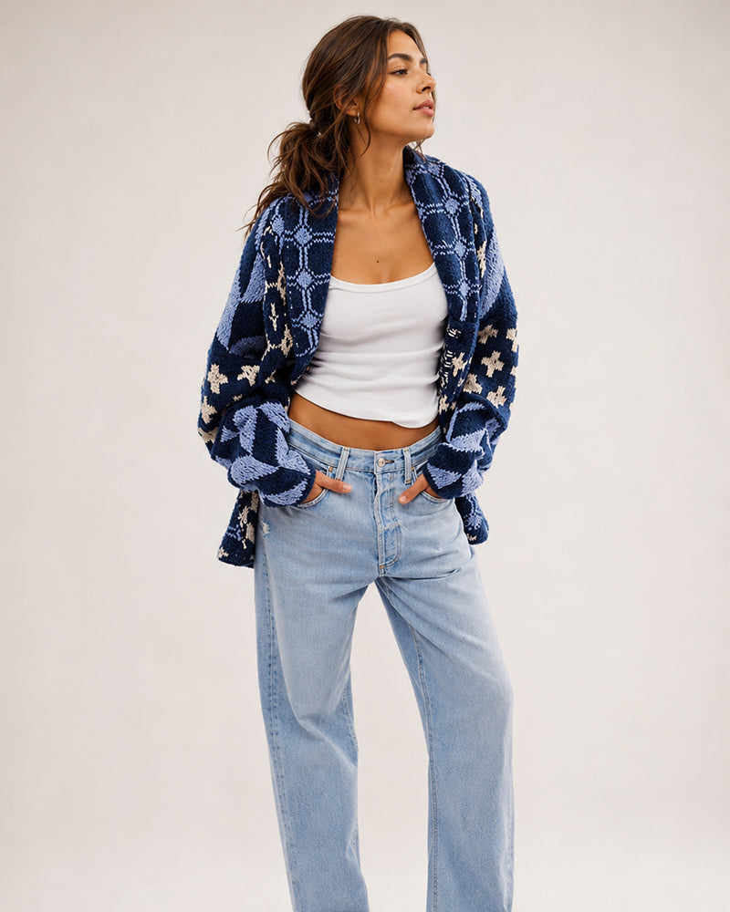 Oversized Graphic Button-Down Knit Cardigan