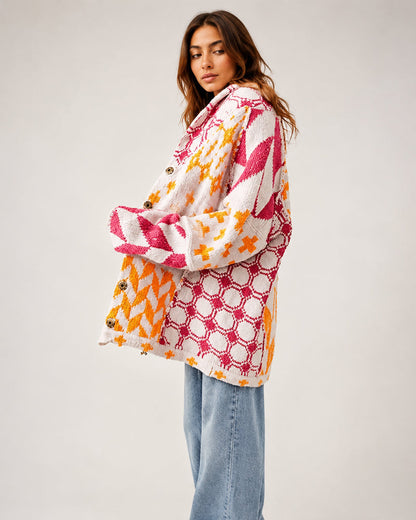 Oversized Graphic Button-Down Knit Cardigan
