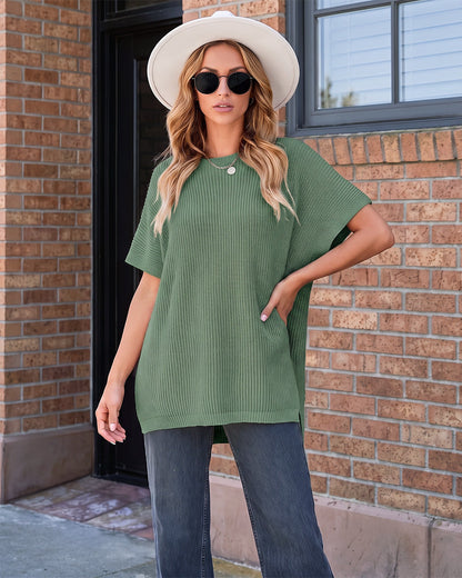 Oversized Ribbed Knit Side-Slit Sweater Top