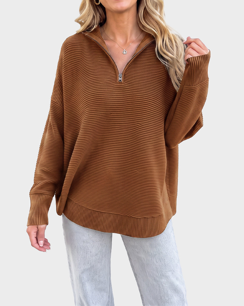 Ribbed Quarter-Zip Thumbhole Knit Pullover