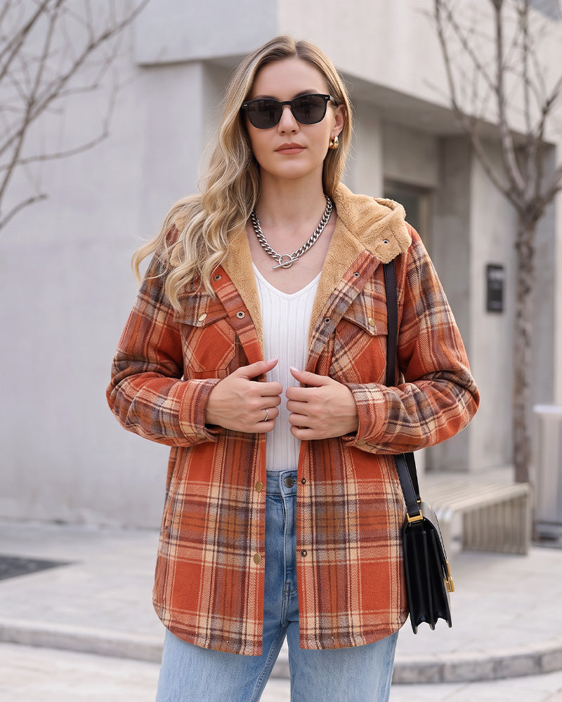 Sherpa-Lined Plaid Hooded Shacket