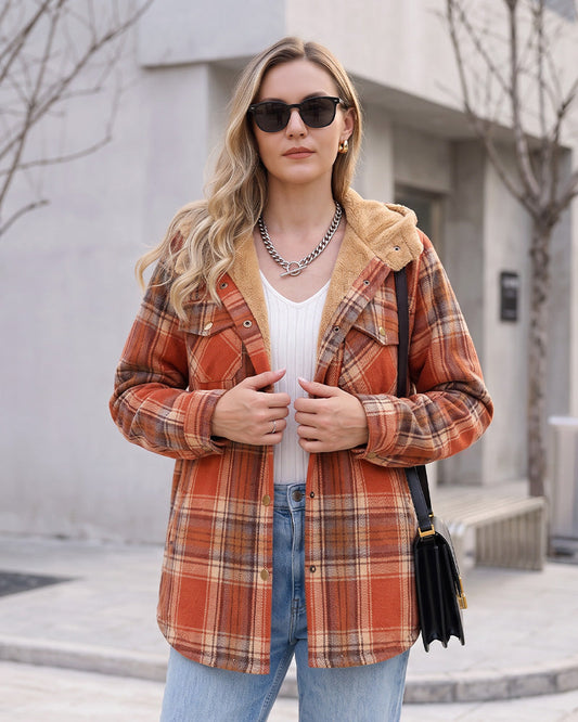 Sherpa-Lined Plaid Hooded Shacket