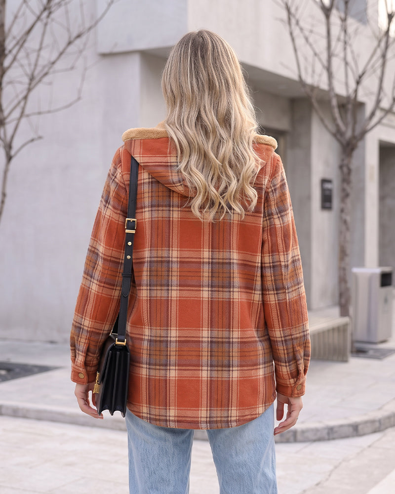 Sherpa-Lined Plaid Hooded Shacket