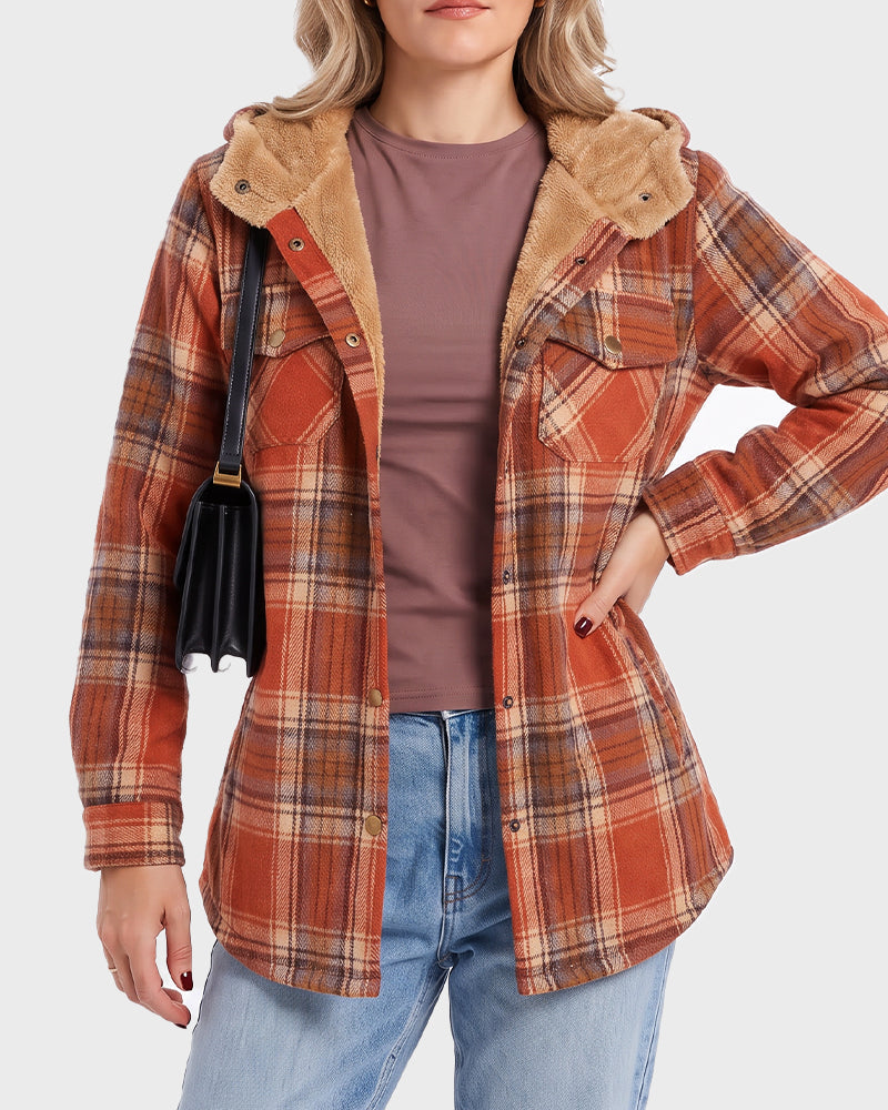 Sherpa-Lined Plaid Hooded Shacket