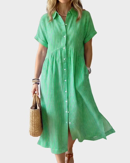Striped Cotton Button-Front Midi Shirt Dress