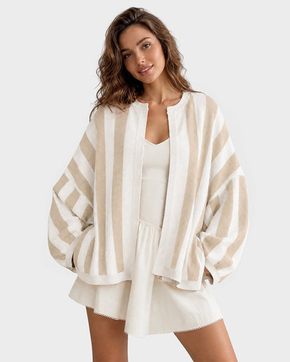 Striped Open-Front Knit Cardigan with Balloon Sleeves