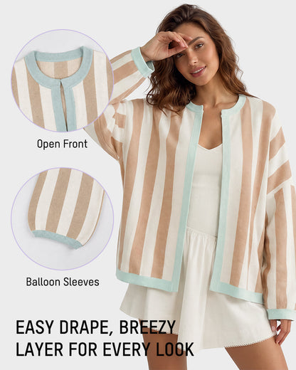 Striped Open-Front Knit Cardigan with Balloon Sleeves
