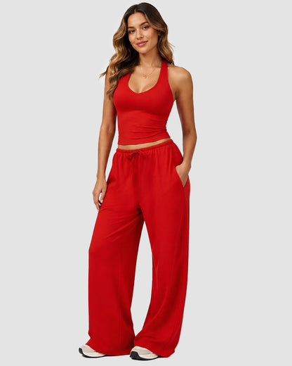 V-Neck Strappy-Back Top & Wide-Leg Pants Set